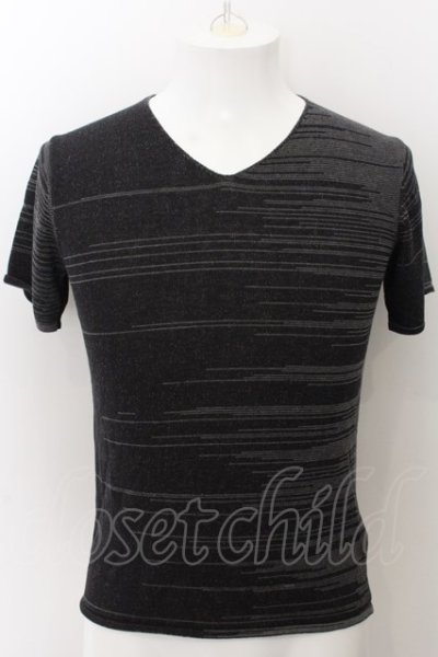 画像1: SCHLUSSEL / MIX横編みVネックTシャツ 2 グレー O-24-10-28-015-SC-ts-YM-OS