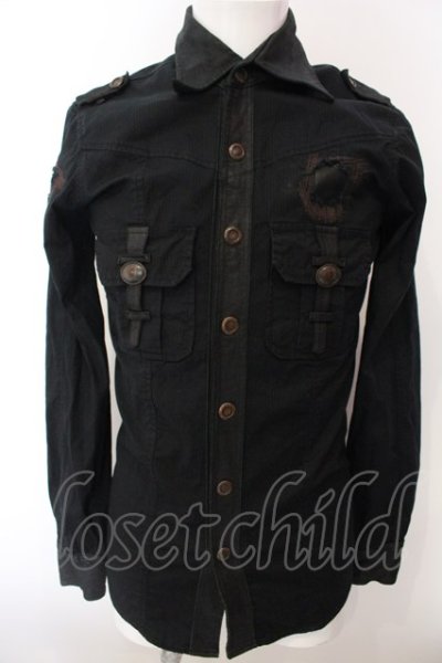 画像1: 14th Addiction / LEATHER REPAIR SHIRT　ミリタリーシャツ  ブラック O-25-02-28-058-14-sh-YM-OS