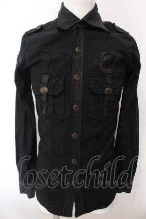 画像: 14th Addiction / LEATHER REPAIR SHIRT　ミリタリーシャツ  ブラック O-25-02-28-058-14-sh-YM-OS