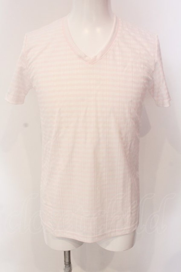 画像1: Zero by TORNADO MART / ボーダーVネックTシャツ L 薄ピンク O-25-03-16-007-Ze-ts-YM-ZT245 (1)